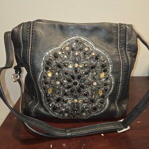 Brighton Black Leather Beaded Shoulder Bag